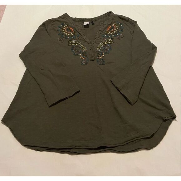 Anthropologie green cotton long sleeve top with embroidered detail - Picture 1 of 5